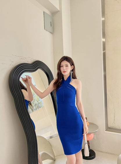 DOLLY Luxury Off Shoulder Halter Neck Bandage Midi Dinner Date Dress-OLAH