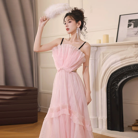 DOLLY Luxury Sleeveless Backless Strap Handmade Pleated Party Dress-GINA