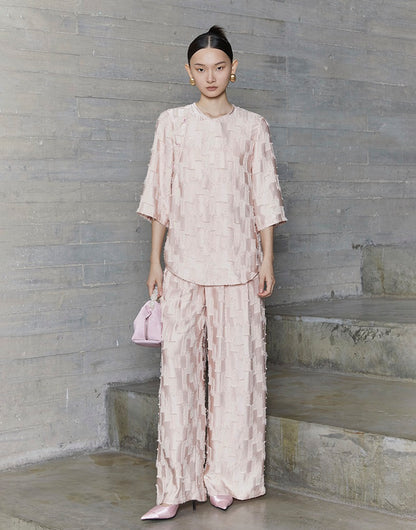 HECO Round Neck Square Tassel Design Texture Shirt Top Women - reign.