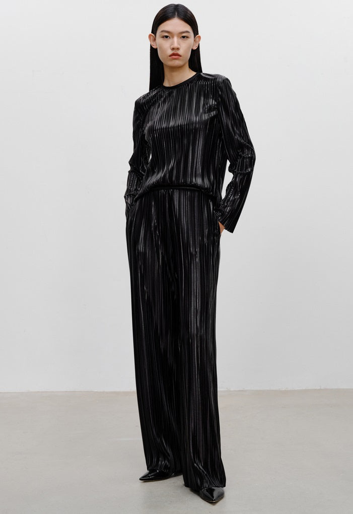 COMME MOI Lv Yan designer women's pin-pleated crewneck top commuter shirt - IVY.