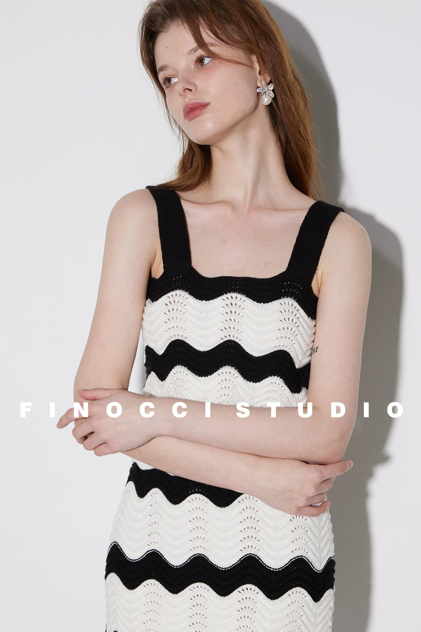 Waves colorblock  holiday vacation  Knitted Cotton top Vest+ Skirt Set - Biare