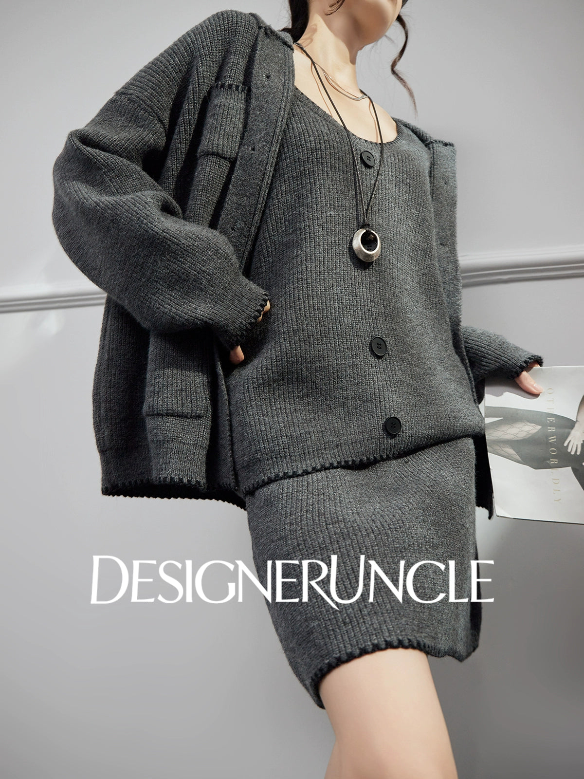 DGU "Guiyan" gray knitted suit V-neck cardigan knitted skirt two-piece set - Skylar.