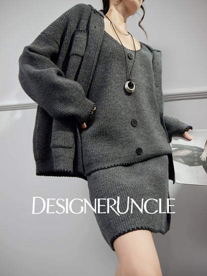 DGU "Guiyan" gray knitted suit V-neck cardigan knitted skirt two-piece set - Skylar.