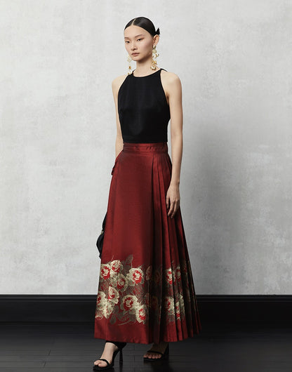 HECO Woven Gold Pattern Blue Horse Face Pleated High Waisted Skirt - tech.