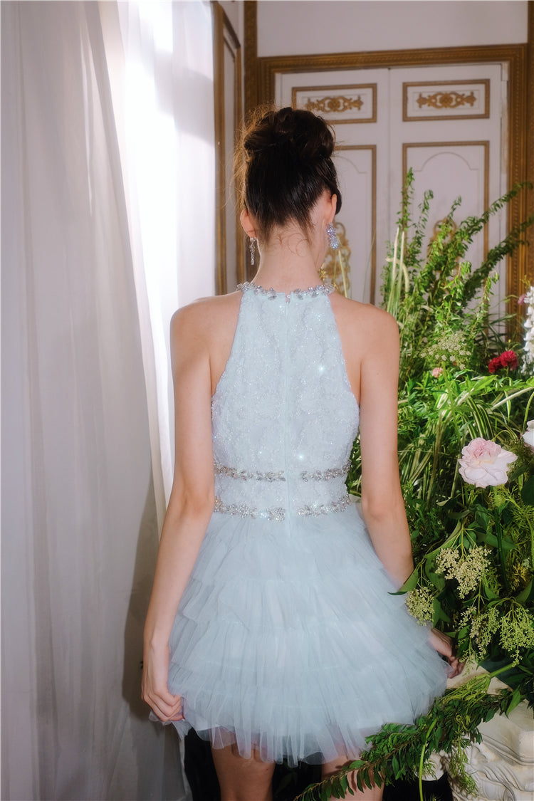 Wardrobes by Chen Luxury Couture Sleeveless halter layered party Dress- Nuni