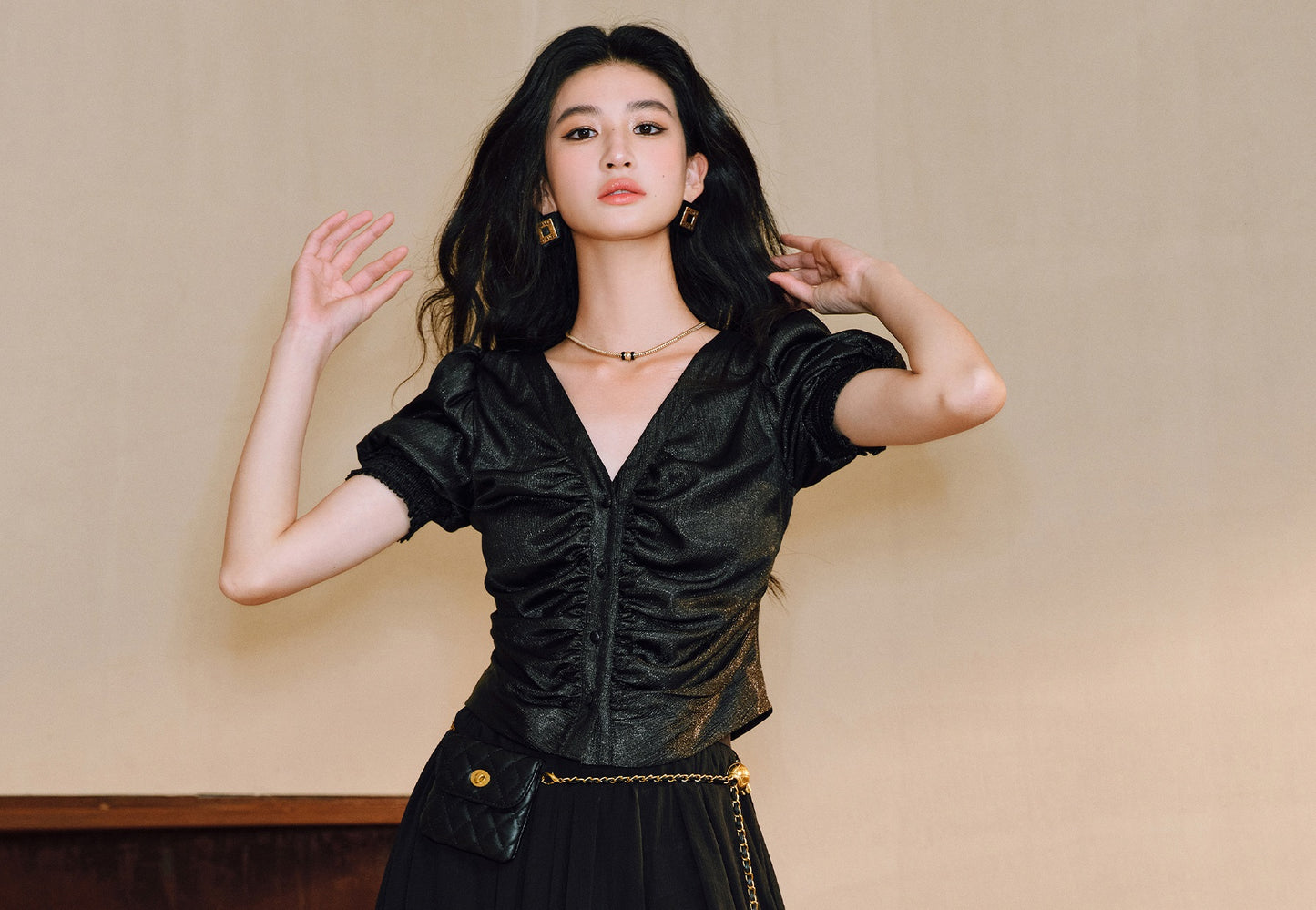 WANGXO Lumina Silk Satin Twill V-Neck Puff Sleeve Top - REYNA.