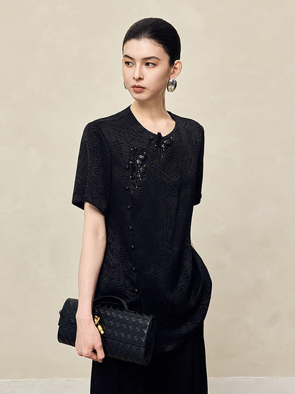 HECO Jacquard Round Neck Short Sleeve Black White Shirt Top Woman - GRACE.