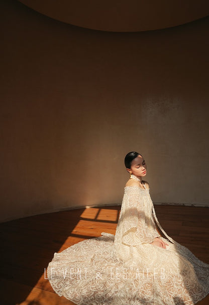 LE VENT&TES AILES Luxury off-Shoulder Lace Jacquard 3d Detailing white Dress- ZORA