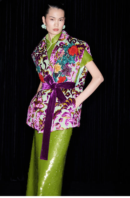 M essential Mackay luxury multi-color embroidered gilet vest top sequin green skirt - twelve