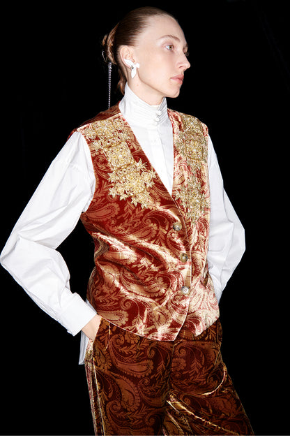 M essential Mackay designer Indian silk embroidery gilet vest pant suit - yaiu.