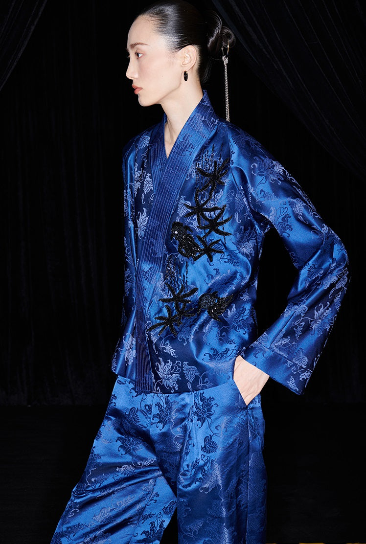 M essential Mackay designer sea green jacquard gag fish algae pattern nail bead jacket - ZYAN.