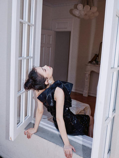 DOLLY Elegant Black Sleeveless Bow One Shoulder Slim Fit Short Dinner Date Dress-LUISA