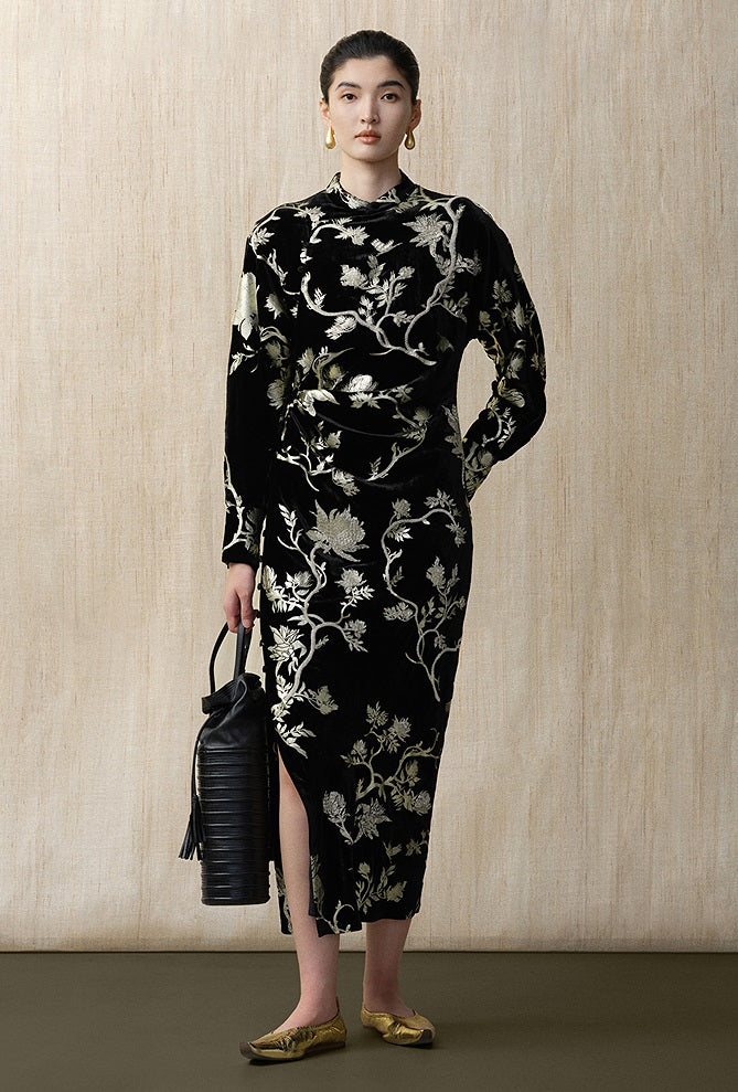 ZHUCHONGYUN bronzing velvet slit long sleeve floral dress-SHOUYA.