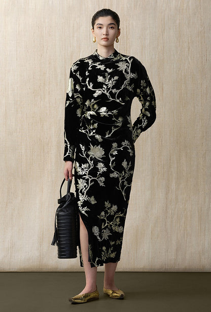 ZHUCHONGYUN bronzing velvet slit long sleeve floral dress-SHOUYA.