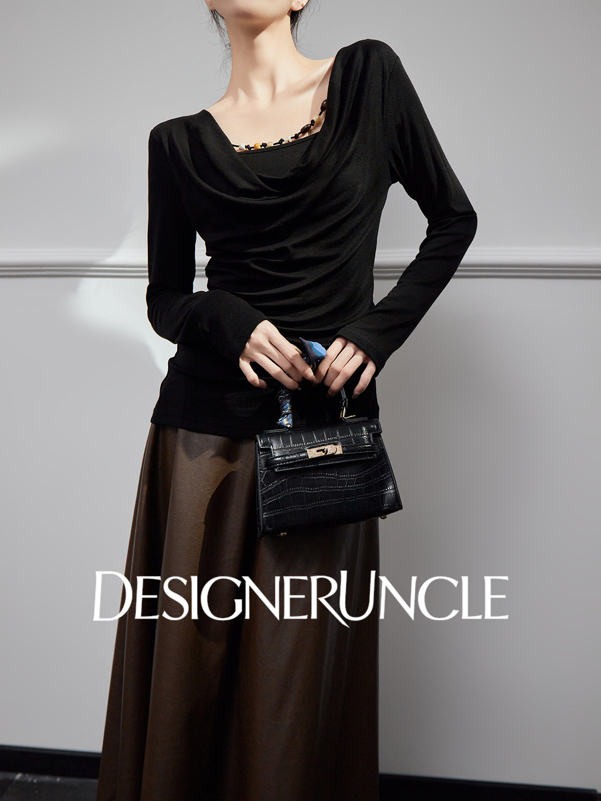 DGU|Black Knitted Drape V-Neck Top and brown pleater skirt- WAVES.