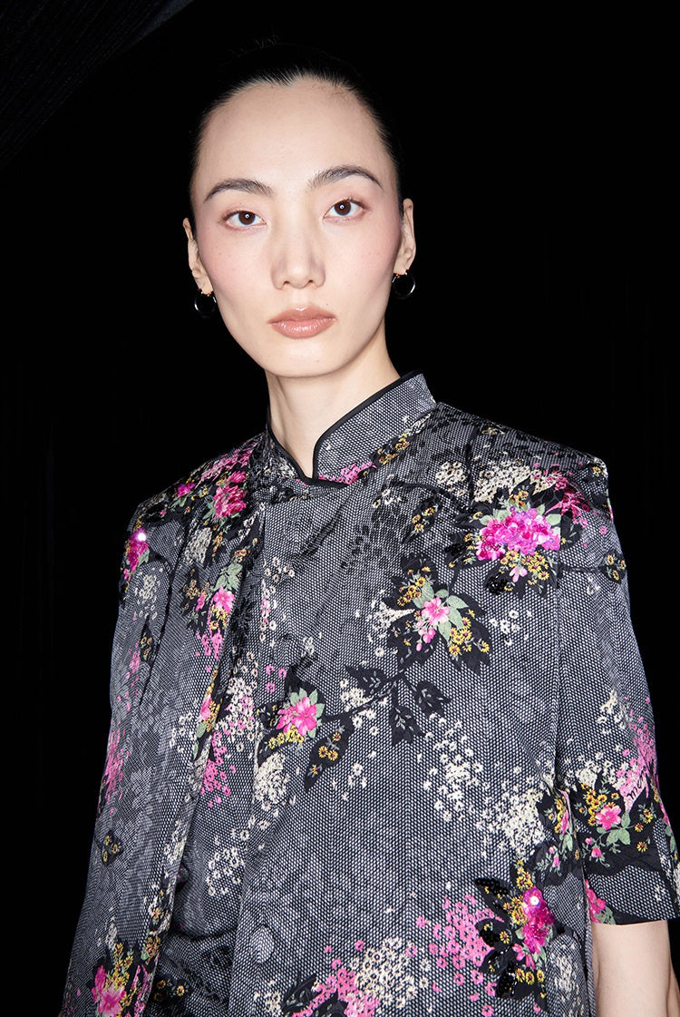 M essential Mackay designer cherry blossom print beads down short vest - LAND.