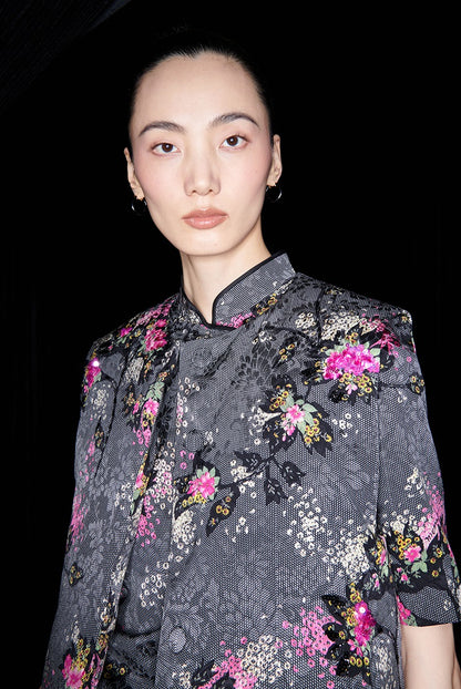 M essential Mackay designer cherry blossom print beads down short vest - LAND.