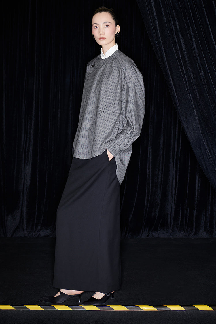 M essential Mackay designer sand diamond grey stripe diamond buckle silhouette shirt - ESHE .