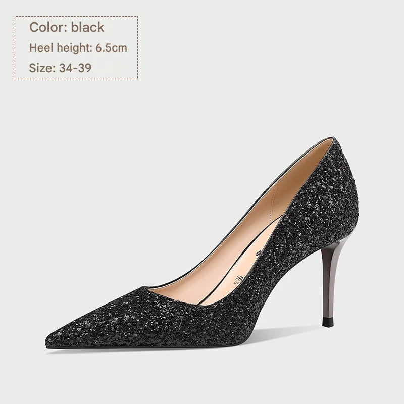 PJJUU black pointed toe banquet thin heel pumps - KYLA.