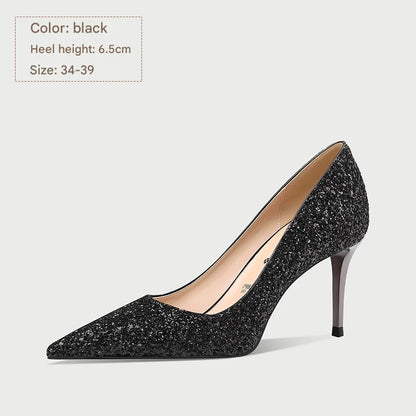 PJJUU black pointed toe banquet thin heel pumps - KYLA.