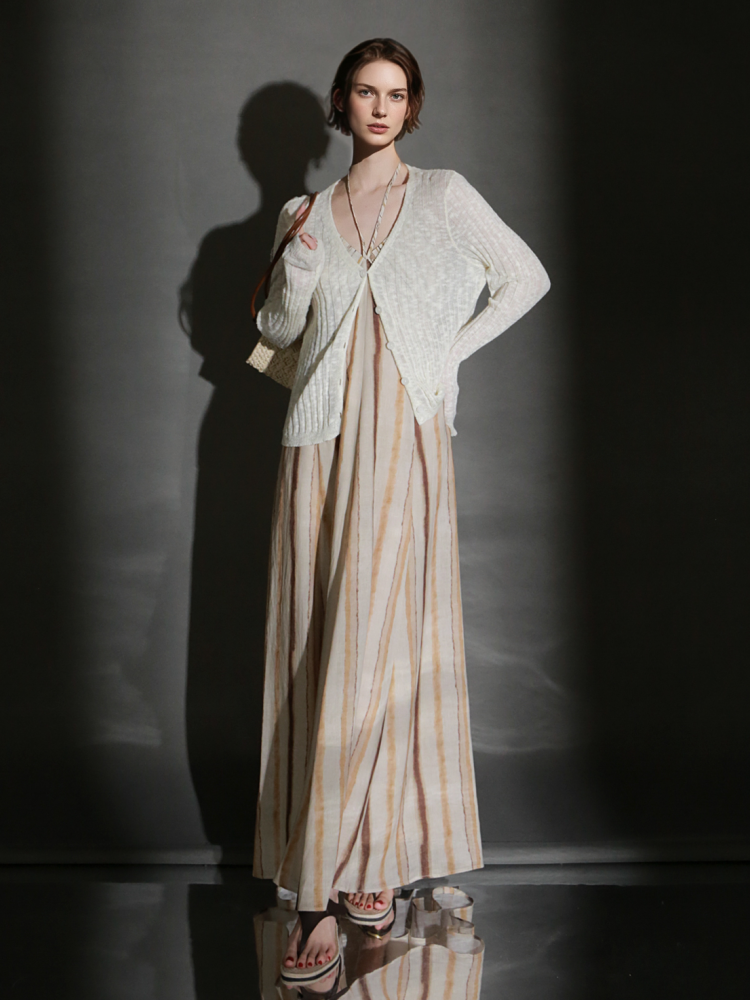 PIAOIN resort-style vertical stripe design sundress women's halterneck design cinched waist dress -GISELLE