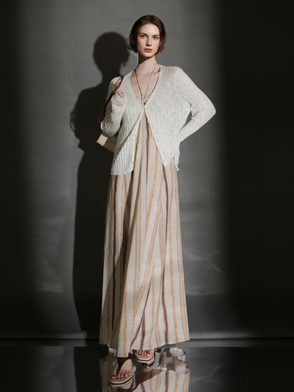 PIAOIN resort-style vertical stripe design sundress women's halterneck design cinched waist dress -GISELLE