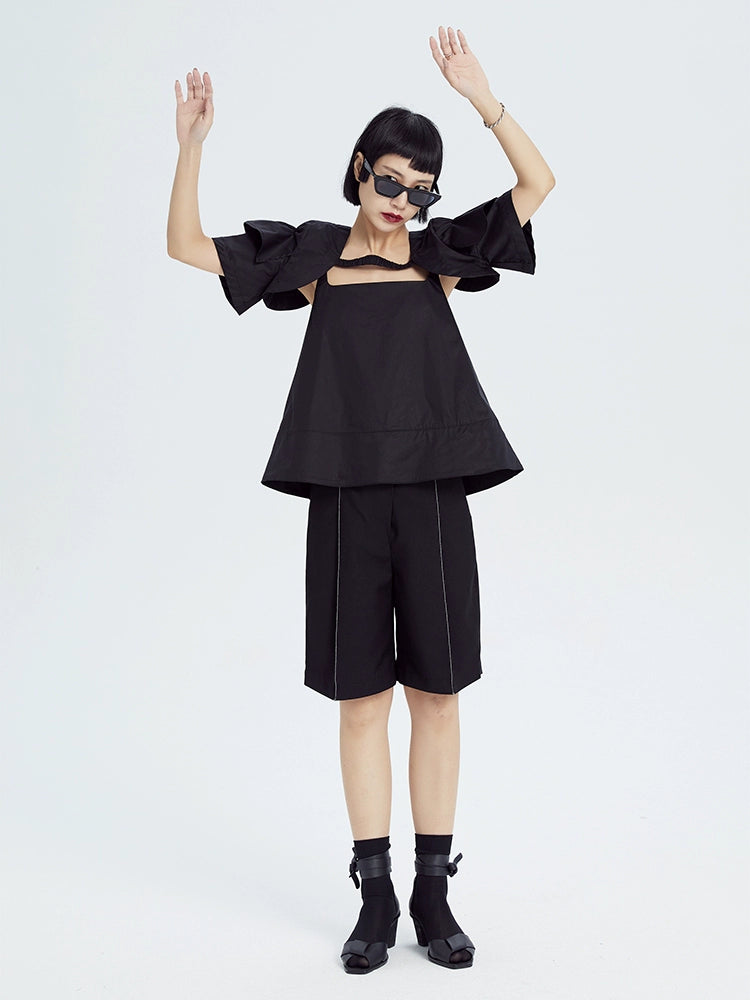 TINY IN double-sleeved vest two-piece women's two wear black Top-LIGHT