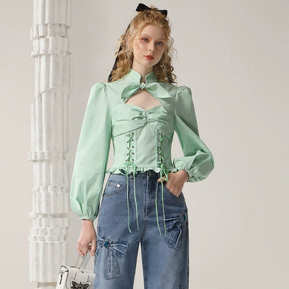 CHECOCRE  Elegant Stubble Girl Commuter green crop Shirt - MARVIN