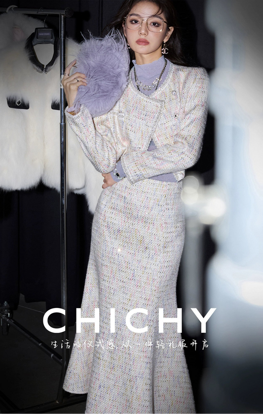 CHICHY Mermaid Fragrance Tweed Mermaid Skirt Two-Piece Set-GIGI