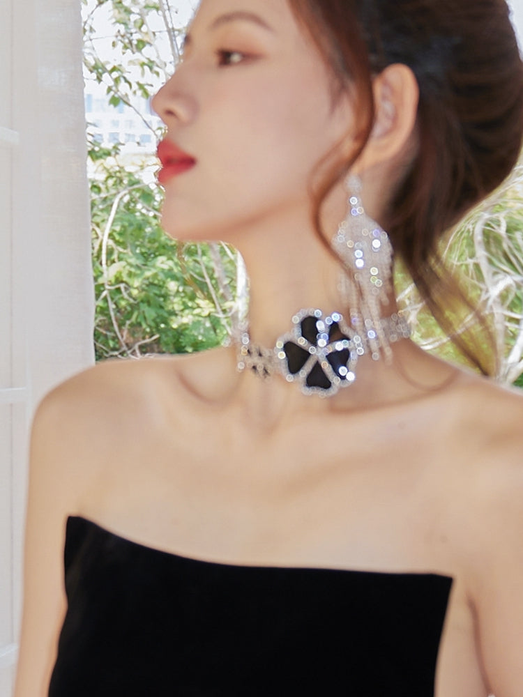 DOLLY Elegant Black Big Flower Diamond Chocker Chic Necklace-AMAL