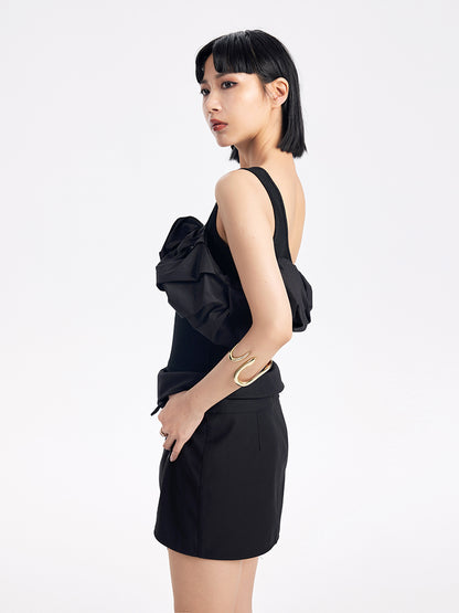 TINY IN  ruffle slanted shoulders cropped top with mesh sleeve -ZAN