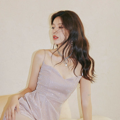 DOLLY Elegant Sleeveless Purple Thin Strap Suspender Sequin Dinner Dress-YESENIA