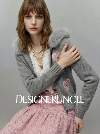 DGU×LAB "Matte Fleece" Gray Heart-Eye Embroidered Fur Collar Knitted Jacket - MIN