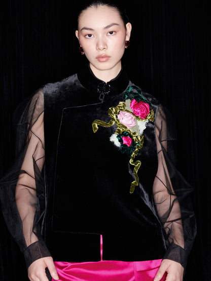M ESSENTIAL Mackay designer brand handmade rose embroidered embellished velvet vest - GRANY