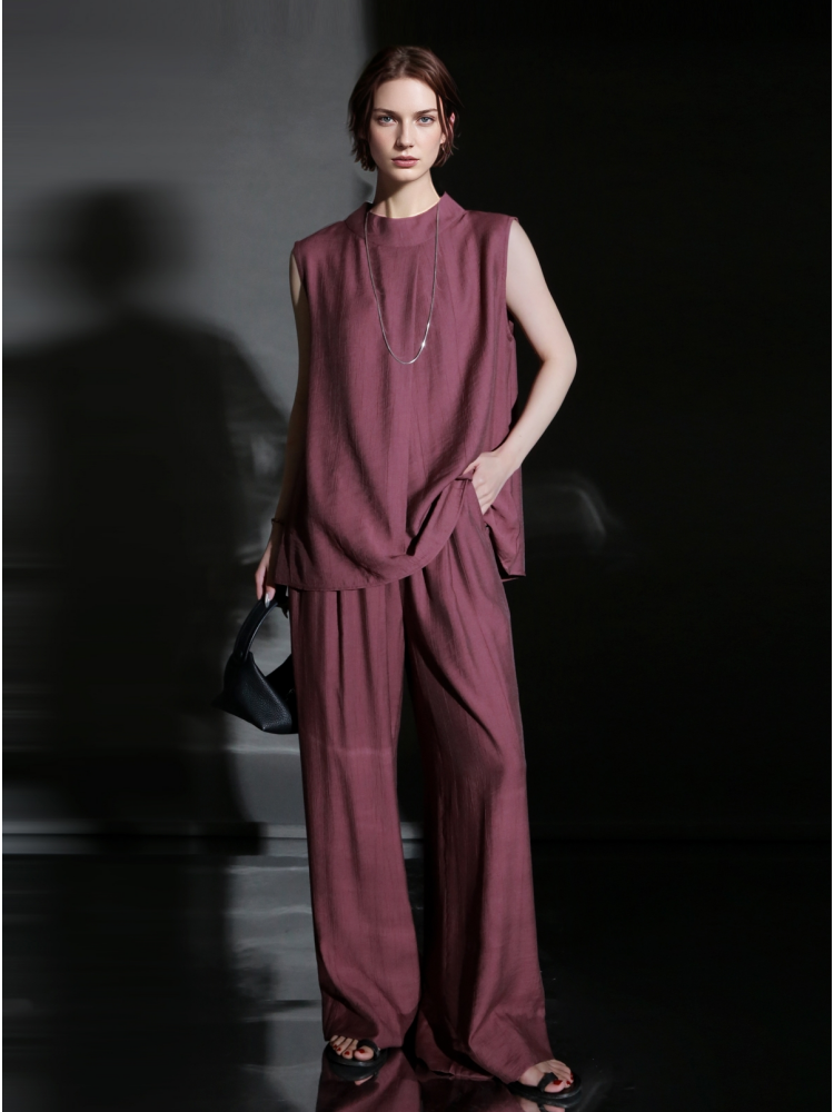 PIAOIN texture linen silk stand up collar sleeveless t-shirt women's straight pants - ARIA