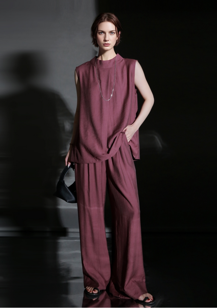PIAOIN texture linen silk stand up collar sleeveless t-shirt - MADEI
