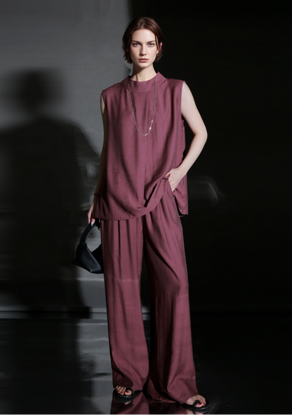 PIAOIN texture linen silk stand up collar sleeveless t-shirt - MADEI