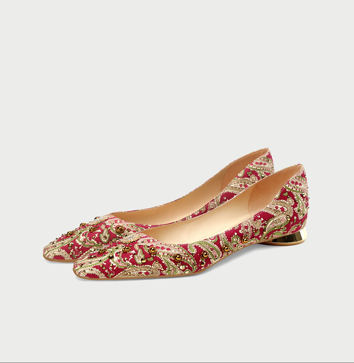 Pjjuu beaded printed red gold heel ballet flats shoes  - Hailey