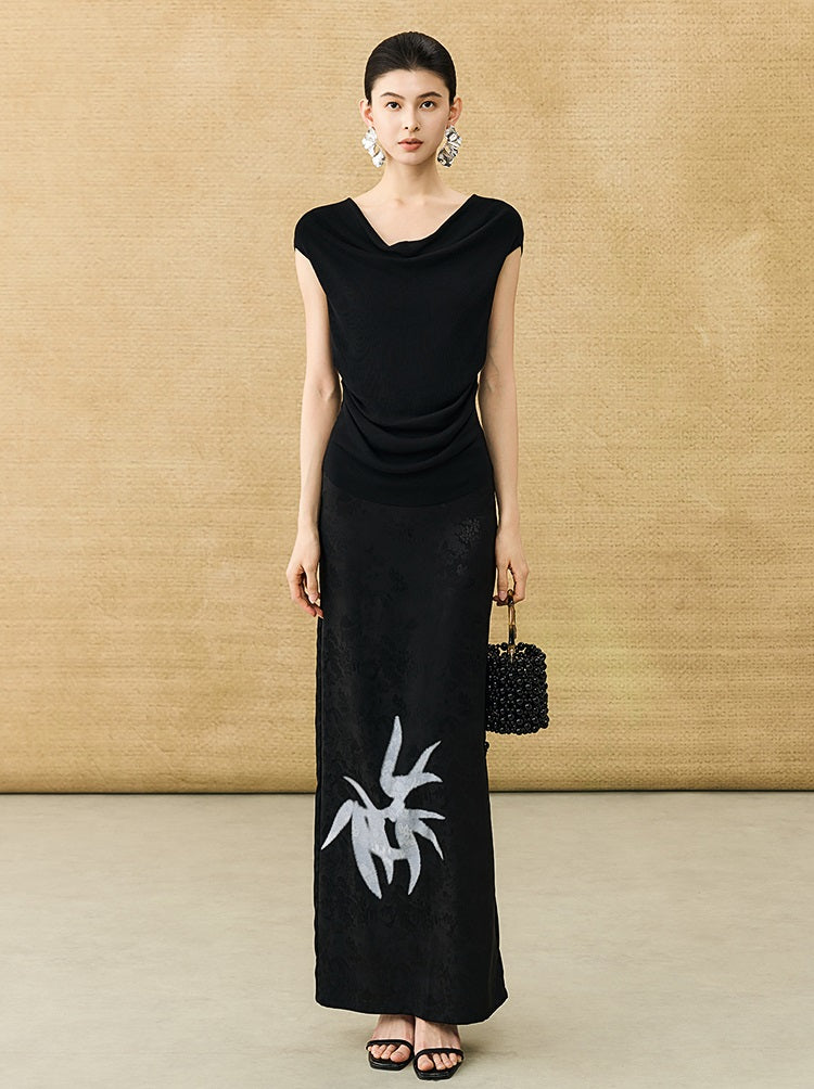 HECO Chinese high-end acetate bamboo feminine temperament printed slit skirt - COLT.