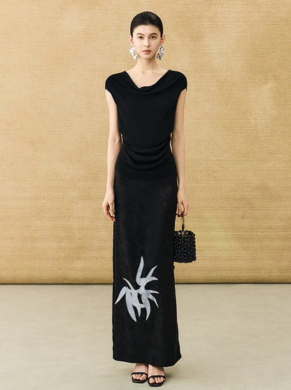 HECO Chinese high-end acetate bamboo feminine temperament printed slit skirt - COLT.