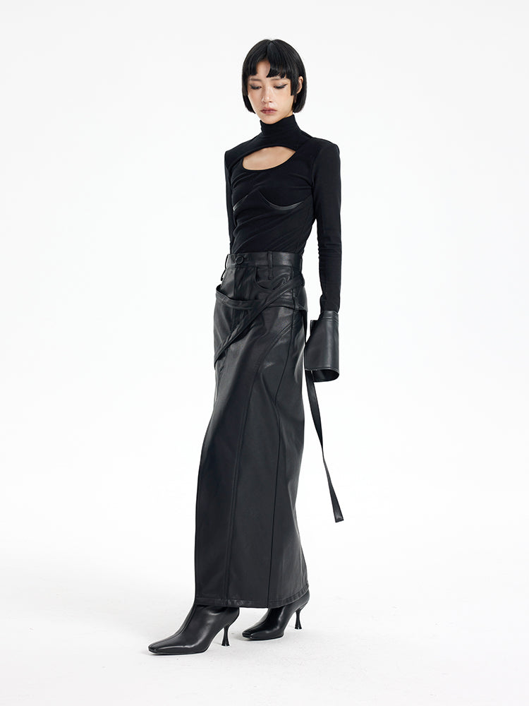 TINY IN black irregular tie women's high waist slit pu leather long skirt -CAM