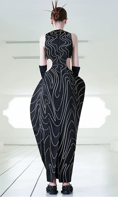 ANNAKIKI  triacetic fractal wave embroidered long dress-JINGCHU.