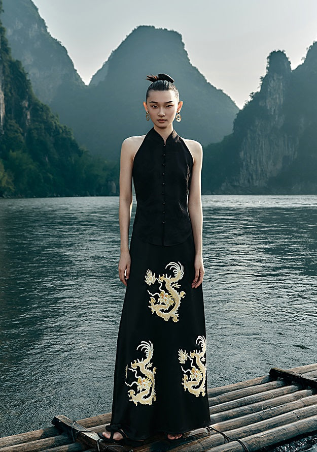 HECO Chinese Embroidery Golden Dragon Acetate Skirt - ALPHA.