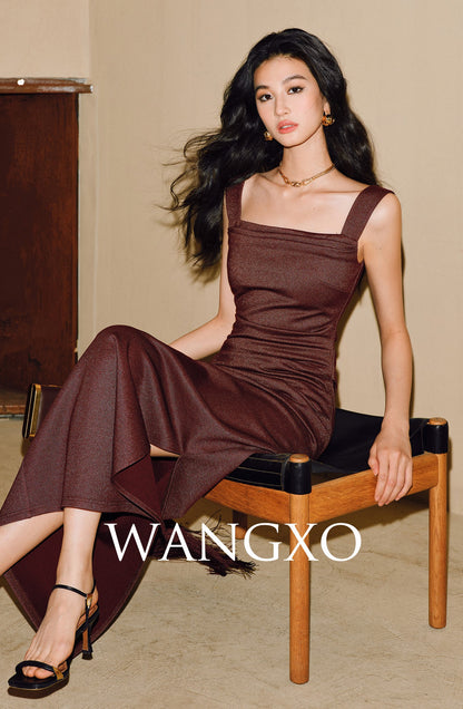 WANGXO | Shiny Silk Stretch Roman Knitwear Square Neck Hip Dress-MIRE.