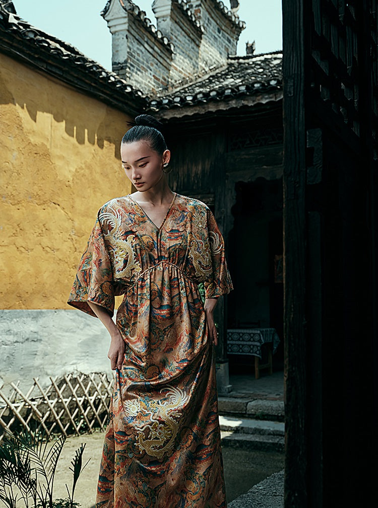 HECO Chinese Waist Cinched V-Neck Dress - QIN