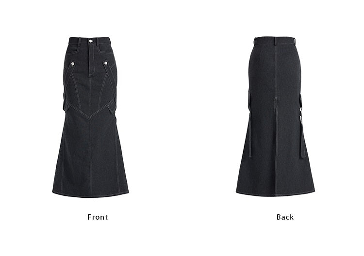 TINY IN imitation denim  lace high waist slit fishtail skirt-COCO