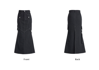 TINY IN imitation denim  lace high waist slit fishtail skirt-COCO