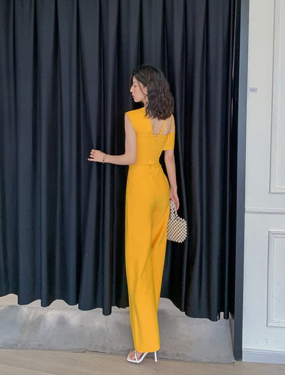 DOLLY Elegant Two Piece One Shoulder Top Design +Long Flared Pants-AMINA