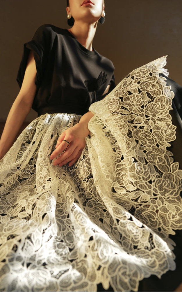 LE VENT&TES AILES French embroidery lace elegant A-line fill skirt-ESME