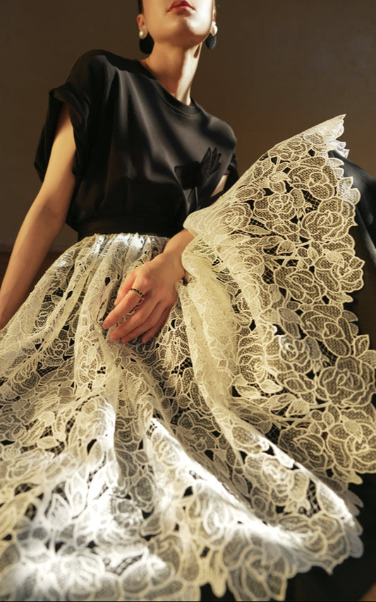 LE VENT&TES AILES French embroidery lace elegant A-line fill skirt-ESME